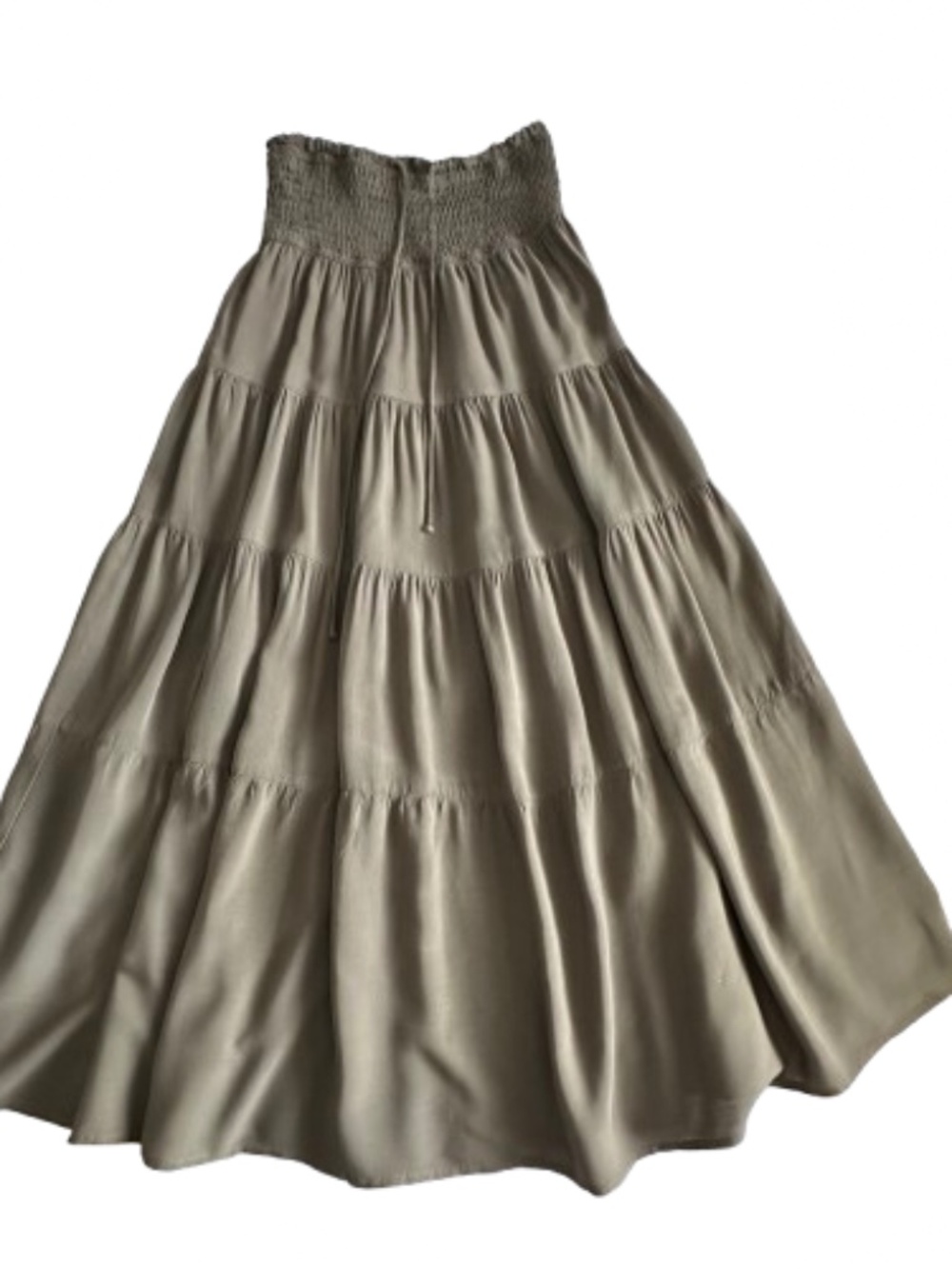 HAEOF Women's Small Olive Green Rayon Tired with Smoked Waist Pullon Maxi Skirt